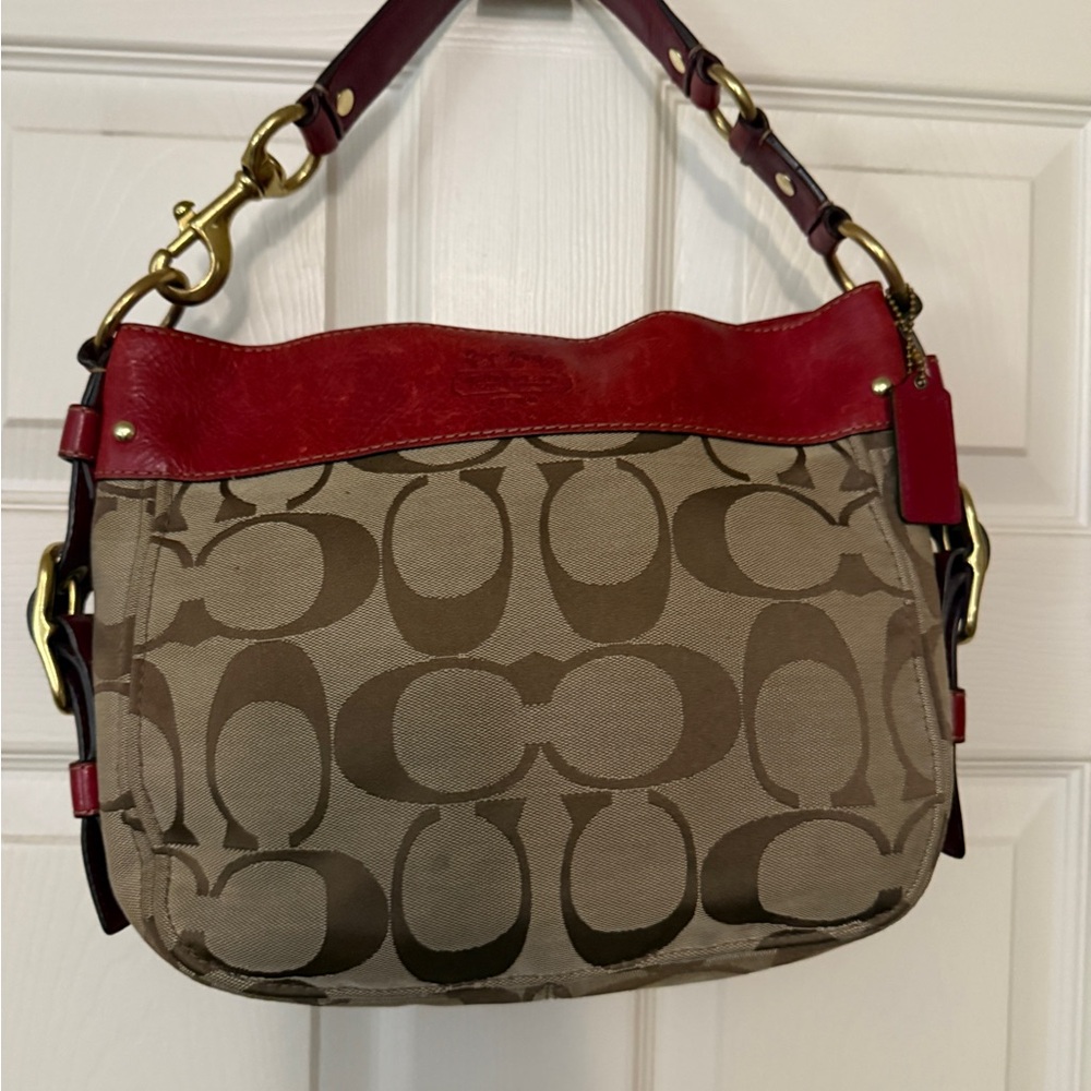 Coach Brown and Red Signature Shoulder Bag
